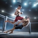 Artistic depiction of an MMA fighter kicking another fighter in the head with his knee