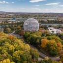 Aerial view capturing the Montreal Biosphere, set in Parc Jean-Drapeau in Montreal, Quebec, Canada.