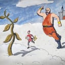 Jack runs towards the beanstalk as a giant chases after him.