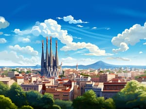 digital illustration of the iconic Sagrada Familia cathedral with its ornate spires rising above the Barcelona skyline, framed by a lush foreground of treetops and a backdrop of a distant mountain under a sky dotted with fluffy clouds.