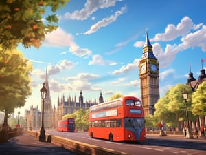 Iconic red double-decker bus on a sunny day in London with Big Ben and the Houses of Parliament in the background, a clear sky with fluffy clouds overhead, and lush green trees lining the streets