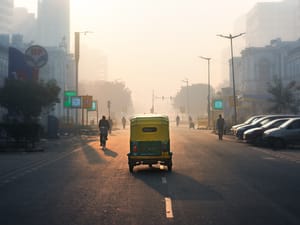 India, Delhi, polluted air in the morning capital of India full of smog with rickshaws on the road