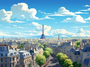 Digital illustration of a sunny Parisian cityscape with the Eiffel Tower dominating the skyline, surrounded by classic Haussmannian buildings and tree-lined streets, under a vibrant blue sky with fluffy white clouds