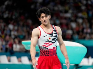 Daiki Hashimoto, of Japan, pauses as he competes on the vault during a men's artistic gymnastics qualification round at the 2024 Summer Olympics, Saturday, July 27, 2024, in Paris, France. 