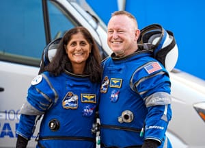 NASA astronauts Suni Williams, left, and Butch Wilmore stand together for a photo enroute to the launch pad at Space Launch Complex 41 Wednesday, June 5, 2024, in Cape Canaveral, Fla.