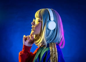 A young woman with grey hair and headphones on listening to music.