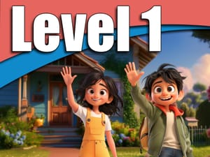 Two animated children, a girl and a boy, waving in front of a house.
