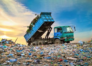 a garbage truck unloading trash onto a pile