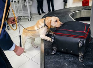 A Labrador Retriever sniffing a black suitcase on an airport baggage carousel.