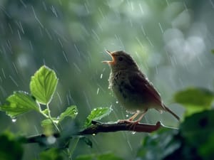 A small bird standing on a branch and singing in the rain
