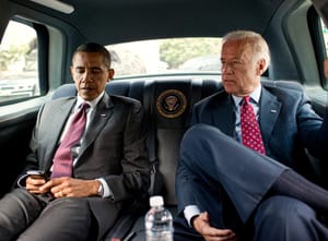 President Barack Obama and then-Vice President Joe Biden riding in a presidential state car