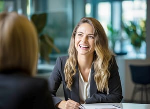 A business woman smiling while conducting an interview.
