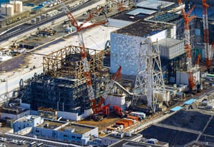 This aerial photo shows the damaged Fukushima Nuclear power plant, sitting in coastal towns of Okuma and Futaba, northeastern Japan, Feb. 11, 2024. 