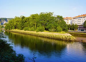 View of Pheasant Island, an uninhabited islet on the Bidasoa River between Hendaye and Irun (Spain), a unique condominium in international law alternating sovereignty.