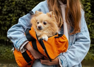 A woman in a denim jacket carrying her dog inside a bag, getting ready for travel.