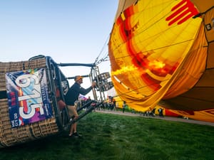 Pilot Brad Rice of Rio Rancho, prepares to take off in his balloon during the mass ascension at the 52nd Albuquerque International Fiesta in Albuquerque.