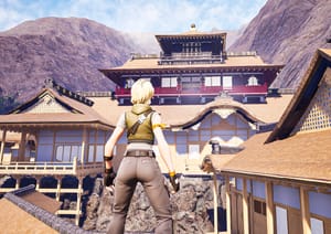 A video game character standing on a rooftop, looking towards a grand, traditional Japanese castle inspired by Gifu Castle.