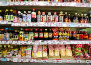 Various goods on a shelf in Okinawa supermarket, Japan