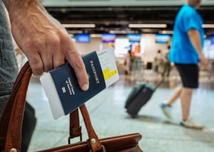 A person holding a bag and a US passport at the airport.