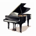 Digital illustration of a black piano with note sheet input. Isolated on white background.