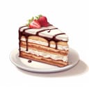 Digital illustration of a piece of cake drizzled with chocolate and decorated with strawberries on top