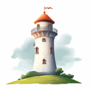 Digital illustration of a medieval-looking tower with a red flag on top, a gray cloud background