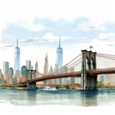 Digital illustration of a suspension bridge with cityscape in the background