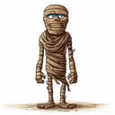 Digital illustration of an Egyptian mummy standing and smiling against a white background