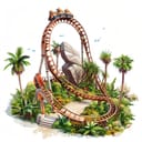 Digital illustration of a roller coaster in the forest with trees and flowers surrounding it. Isolated, white background.