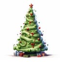 Digital illustration of a decorated Christmas tree with presents underneath, isolated on a white background