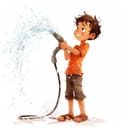 Digital illustration of a boy with a hose spraying water around. Spray concept