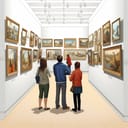 Digital illustration of a museum with tourists observing paintings