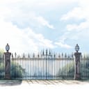 Digital illustration of a metal fence overlooking a river