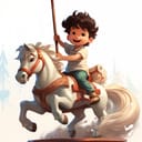 Digital illustration of a young boy on a horse ride holding a stick