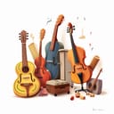 Digital illustration of instruments against a white backdrop. Guitar, cello, and double bass can be seen in the foreground.