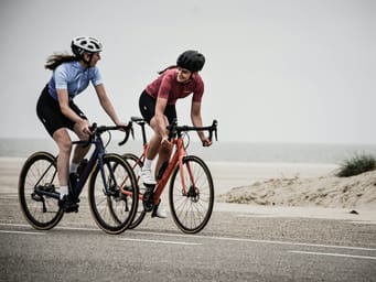 Women riding road bikes on a coastal road near the shore.
