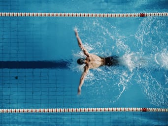 Aerial top view of a male swimmer using the butterfly technique in a swimming pool, training for a championship.