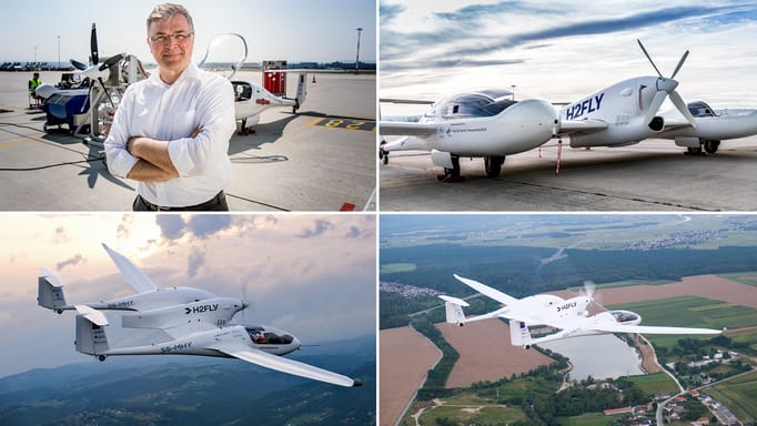 Josef Kallo, co-founder of H2FLY in front of the first hydrogen plane; The plane on a runway; The plane in flight