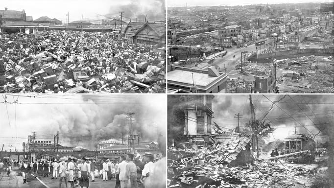 People displaced after an earthquake carry their belongings as they crowd at a square in front of Ueno station in Tokyo on Sept. 1, 1923; The aftermath of an earthquake which occurred in September 1923; Smoke rises after an earthquake in Tokyo on Sept. 1, 1923; Smoke rises over the damaged buildings after an earthquake in Tokyo on Sept. 1, 1923