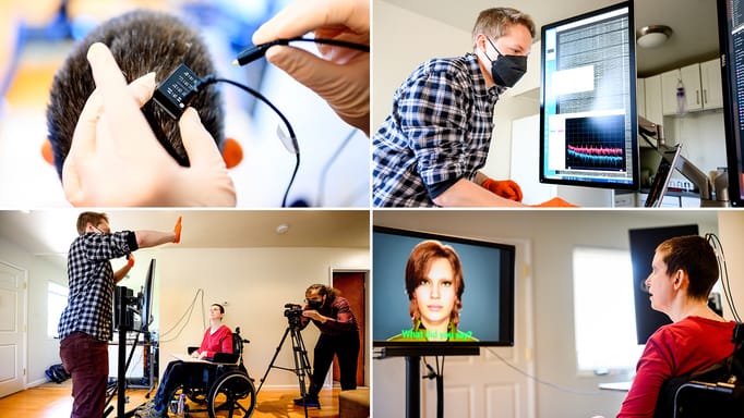 A researcher inserts a wire into an electrode on the head of a woman who has been paralyzed for almost 20 years; Researchers setting up equipment necessary for a woman who has been paralyzed for almost 20 years, to talk again; A woman who has been paralyzed for almost 20 years speaks through a digital avatar