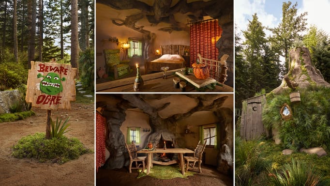 A collage showing exterior and interior of Shrek's house looking AirBnb