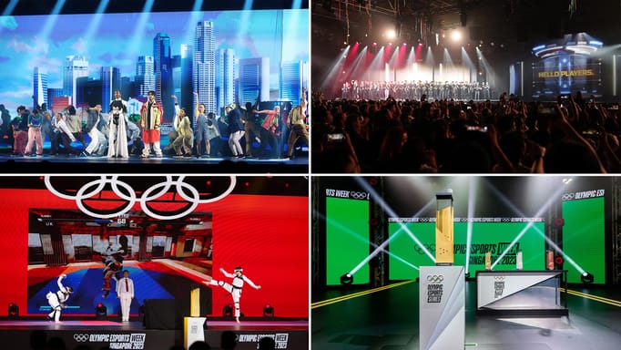 Opening ceremony at the first Olympic Esports championship; Welcoming players at the first Olympic Esports championship; Taekwondo match at the first Olympic Esports championship; Olympic Esports trophy