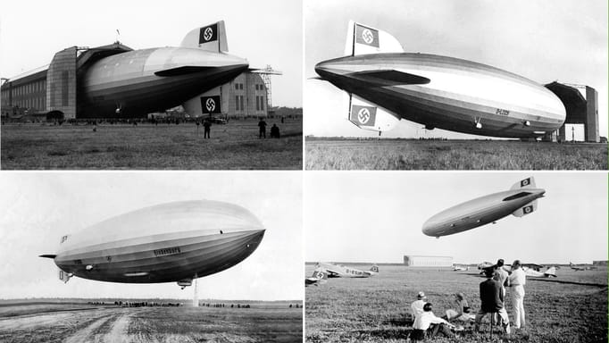 Hindenburg airship in a hangar; Hindenburg airship being taken out of the hangar; Hindenburg airship taking off; Hindenburg airship in flight