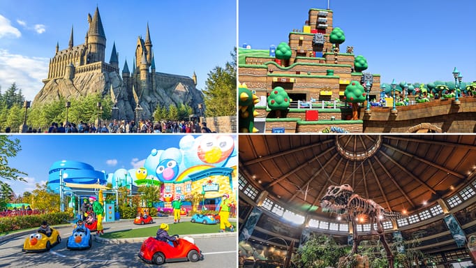 Hogwarts castle at the Universal Studio Japan, The Wizarding World of Harry Potter; Super Nintendo at the Universal Studio Japan; Elmo's Imagination Playland in Universal Studios Japan; Jurassic Park T-rex dinosaur skeleton fossil model display at Universal Studios Japan