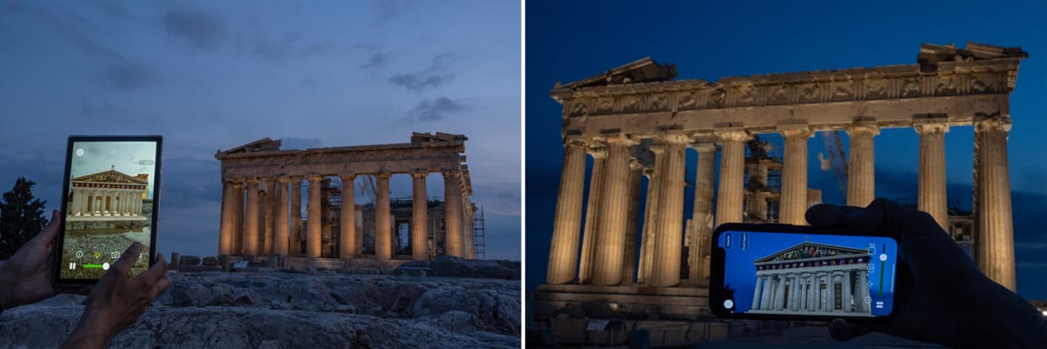 A man holds up a tablet showing a digitally overlayed virtual reconstruction of the ancient Parthenon temple, at the Acropolis Hill in Athens, Greece; A woman holds up a mobile phone showing a digitally overlayed virtual reconstruction of the ancient Parthenon temple, at the Acropolis Hill in Athens, Greece