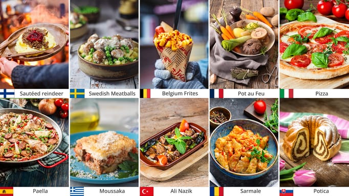 A person holding Sauteed reindeer in a wooden plate; Swedish Meatballs in a plate; A woman holding Belgium Frites with gloves; A bowl of Pot au Feu on a cloth and a wooden table; Pizza Margherita on a cutting board; Paella in a large pan; Moussaka on a blue plate; Ali Nazik in a rectangular ceramic plate on a wooden board; Sarmale in a deep plate; Potica on a wooden board with flowers around it as decoration