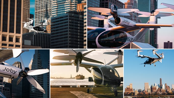 A collage of Joby's air taxi in New York city