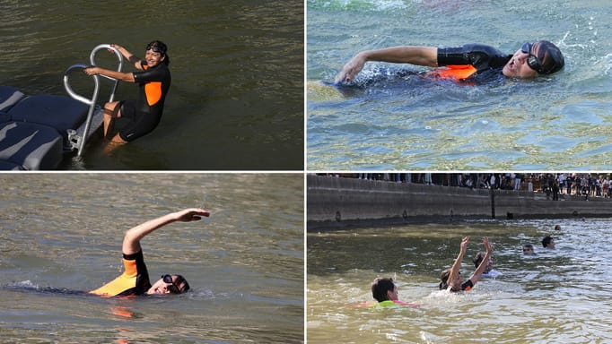 Paris Mayor Anne Hidalgo swims in the Seine river Wednesday, July 17, 2024 in Paris. 
