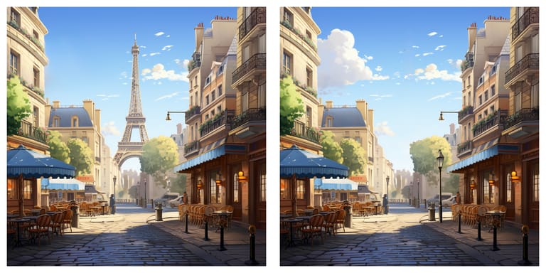 Parisian street cafe with Eiffel Tower in the backdrop on a sunny day, the scene features outdoor seating under blue awnings, cobblestone streets, and traditional Parisian buildings with balconies adorned with greenery.