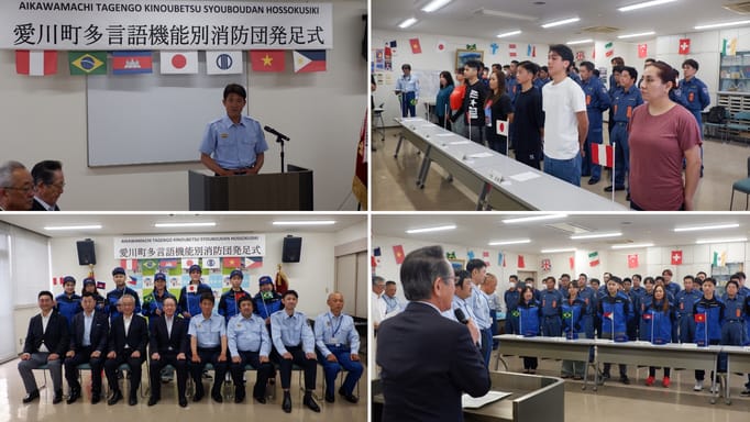 Members of the multilingual volunteer firefighter squad are seen in Aikawa, Kanagawa Prefecture.